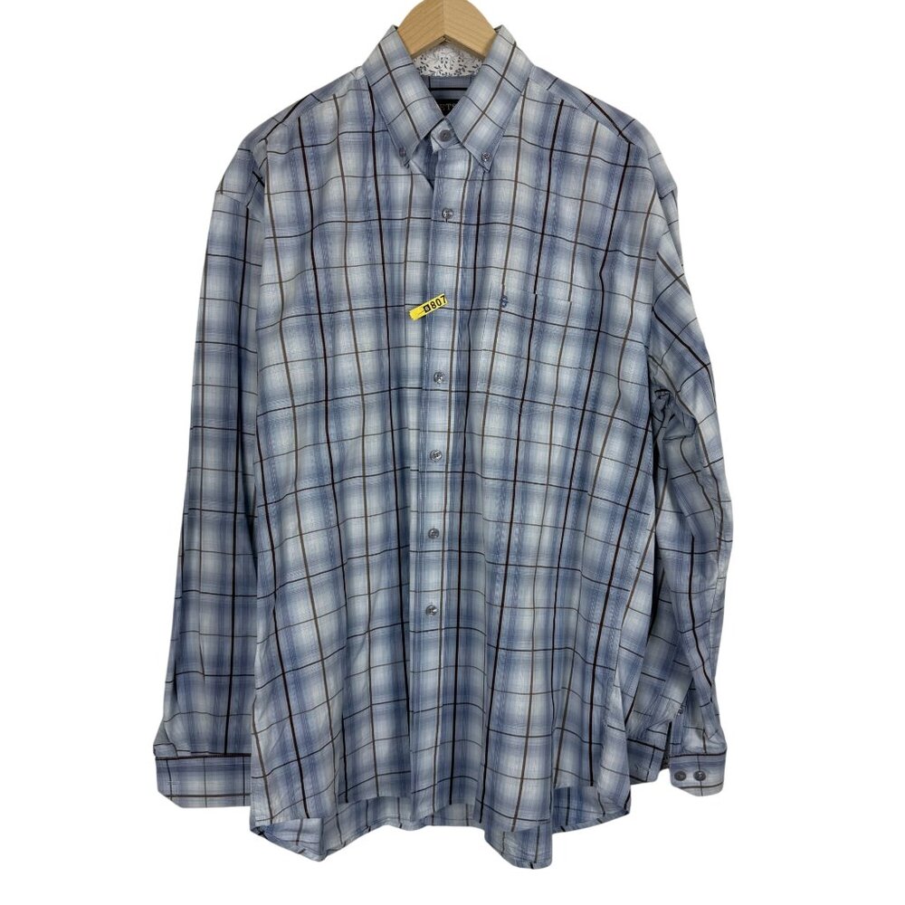 Stetson Button Down Shirt Men’s Large Western Long Sleeve Plaid Blue Tan Cotton